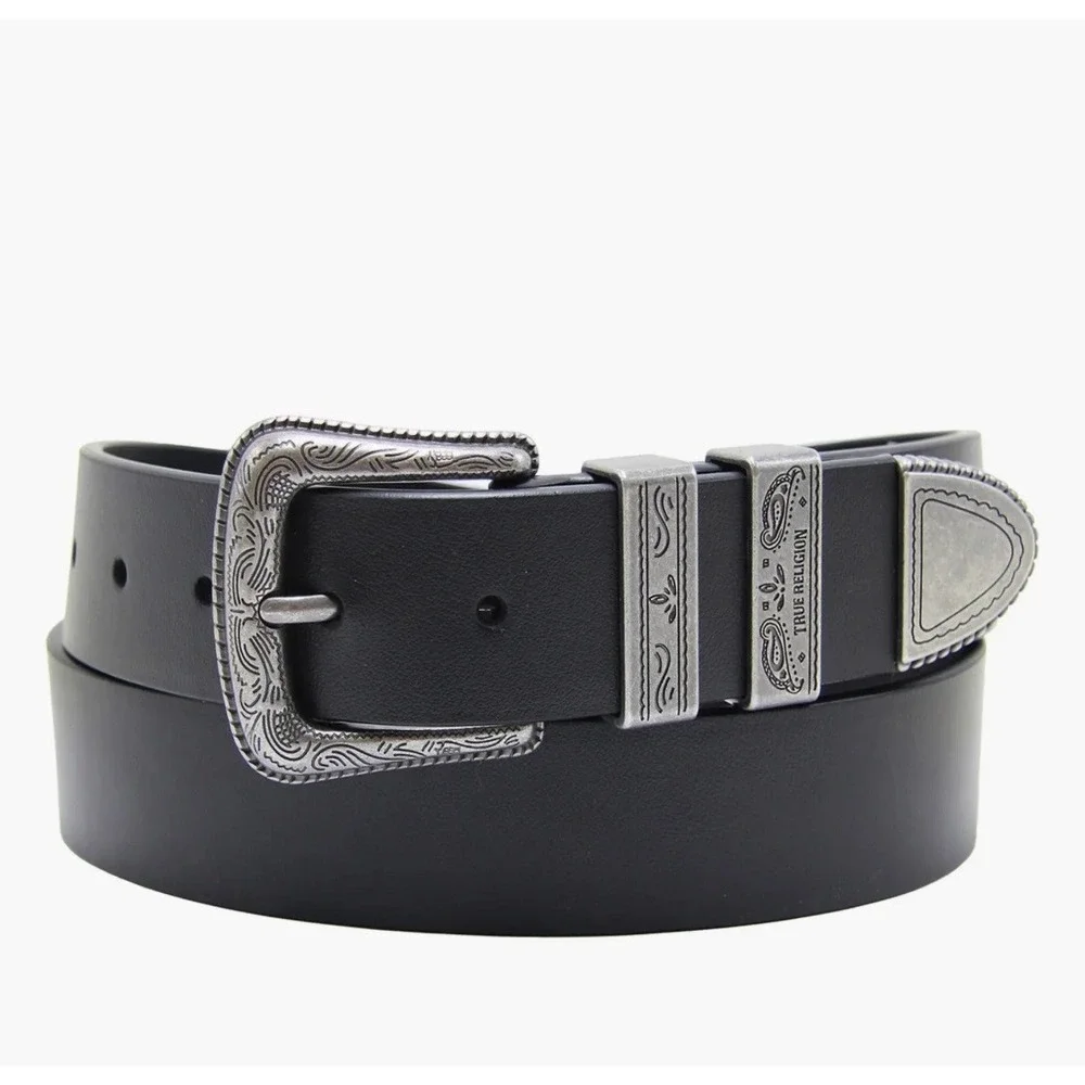 True Religion Palomo Western Belt Black‎ Croc Embossed Silver Buckle Size 36 NWT